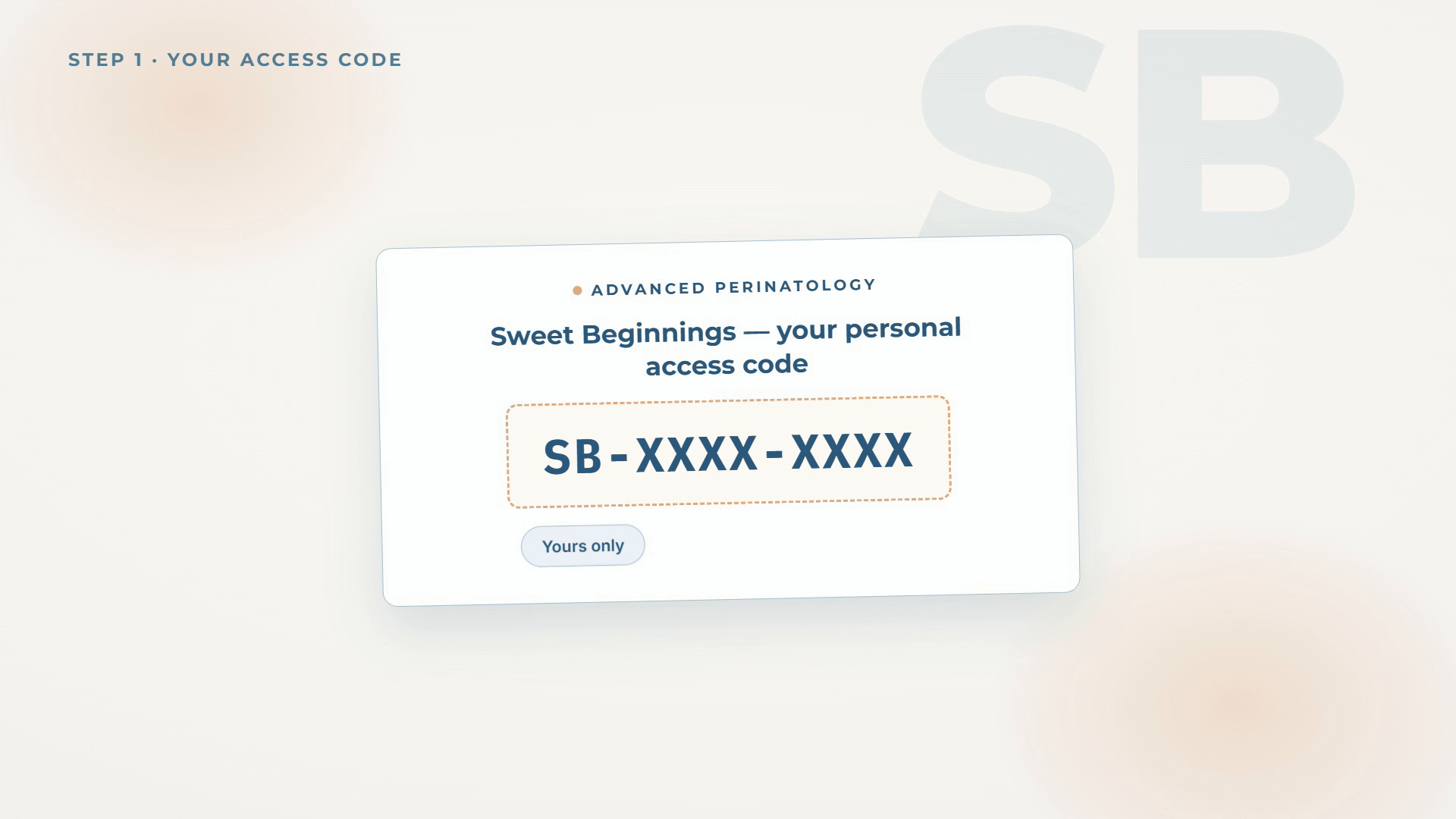 A Sweet Beginnings wallet card with a personal access code